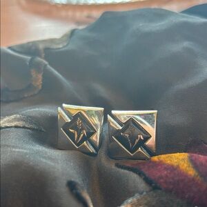 Vintage SWANK square silver tone & diamond shape etched black center cuff links